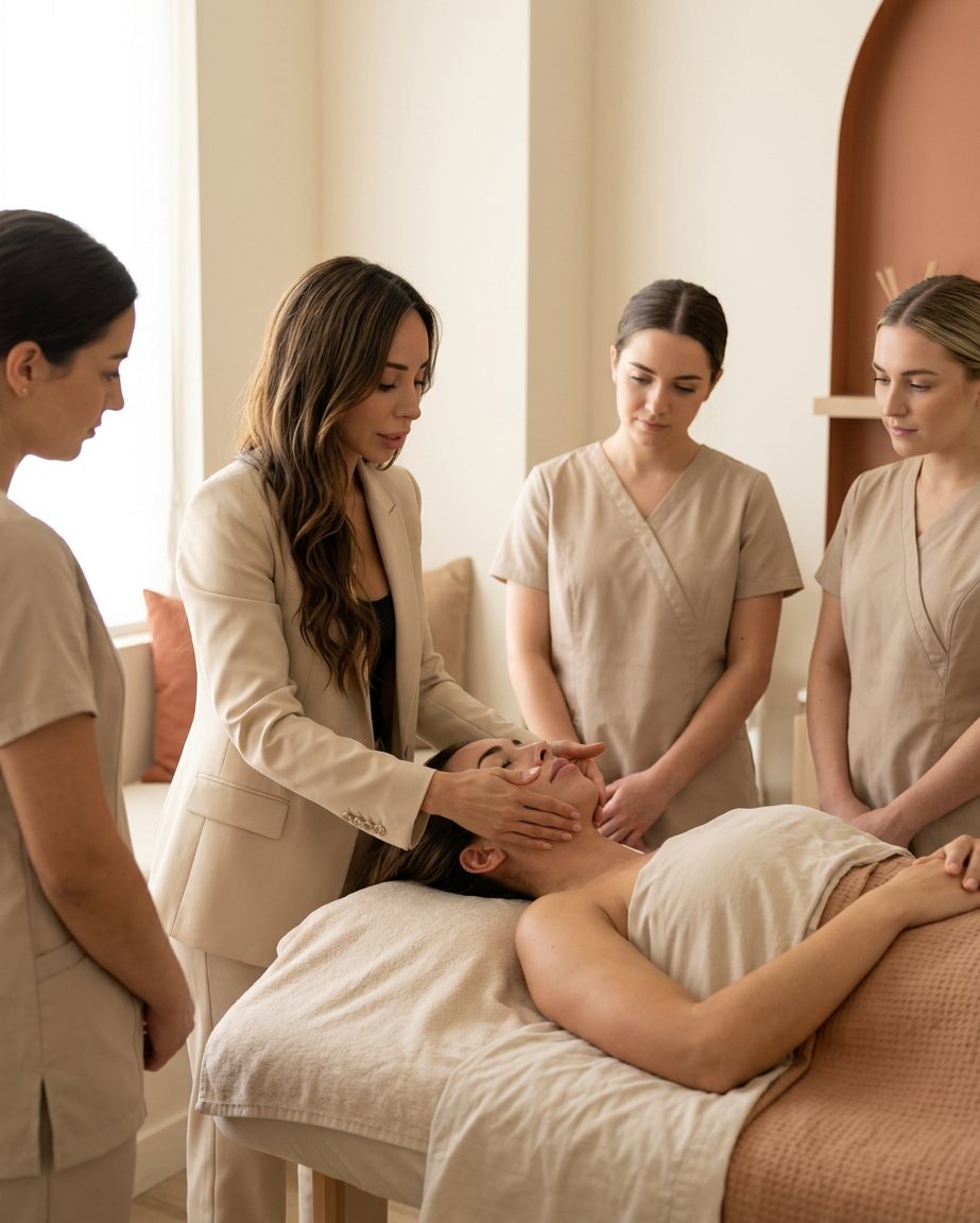 Beatriz Navarro enseñando una técnica facial a tres alumnas en el aula de PRECISSA INSTITUTE