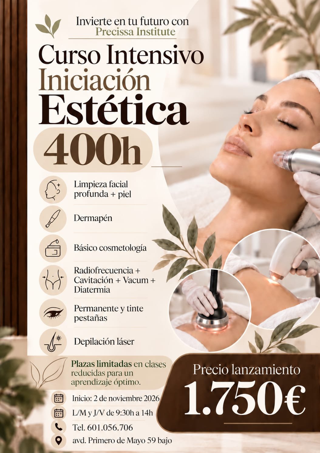 Cartel del Curso Intensivo de Iniciación Estética en Valencia: 400 h, inicio el 2 de noviembre de 2026, precio de lanzamiento 1.750 €
